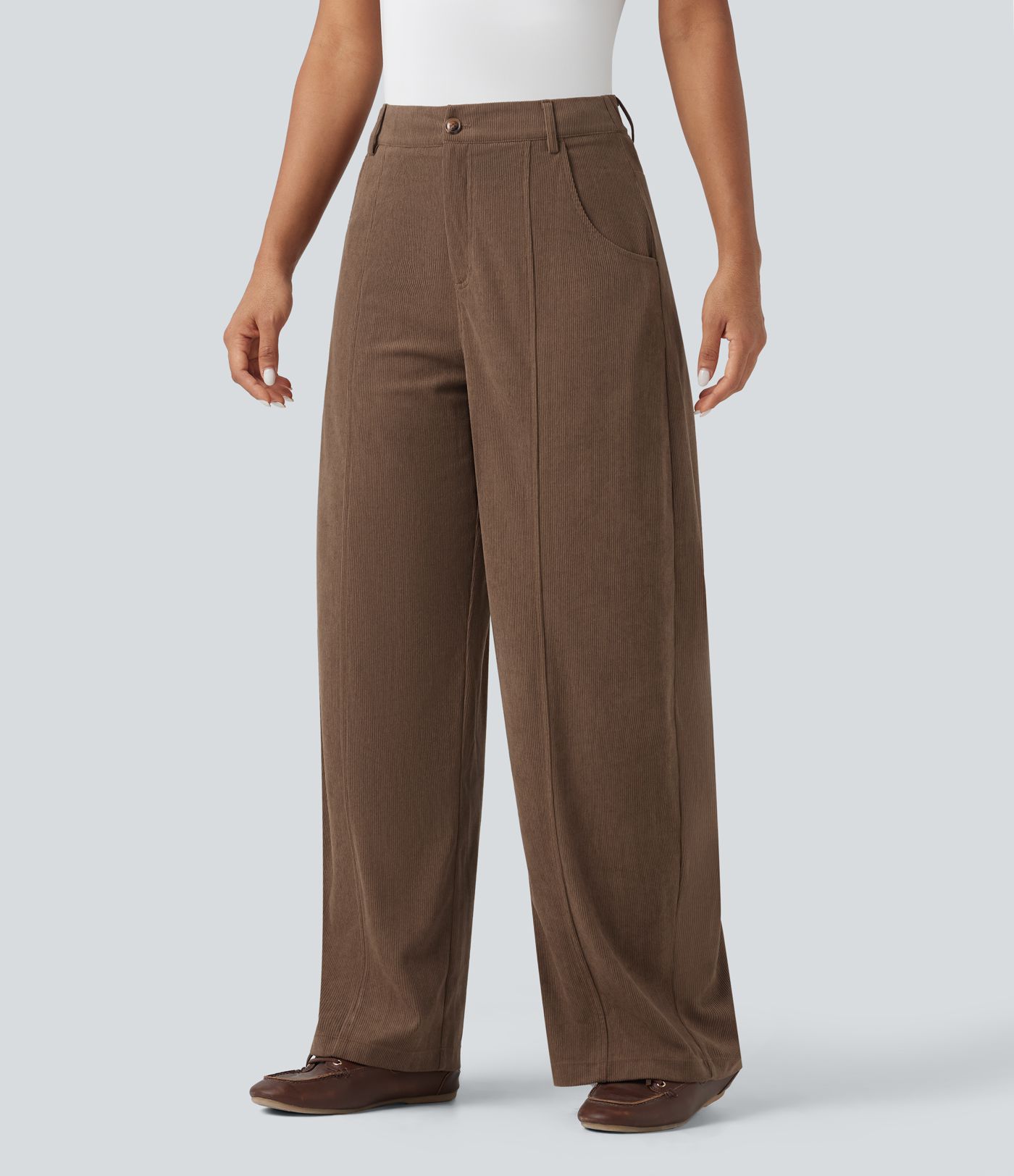 High Waisted Wide Leg Casual Corduroy Pants with Pockets