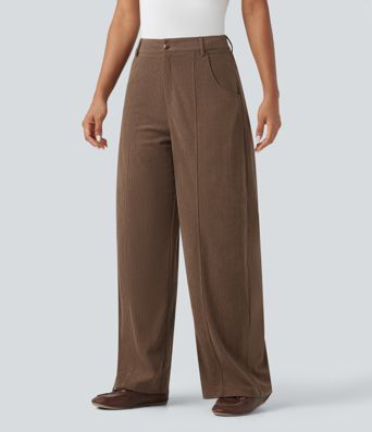 High Waisted Wide Leg Casual Corduroy Pants with Pockets