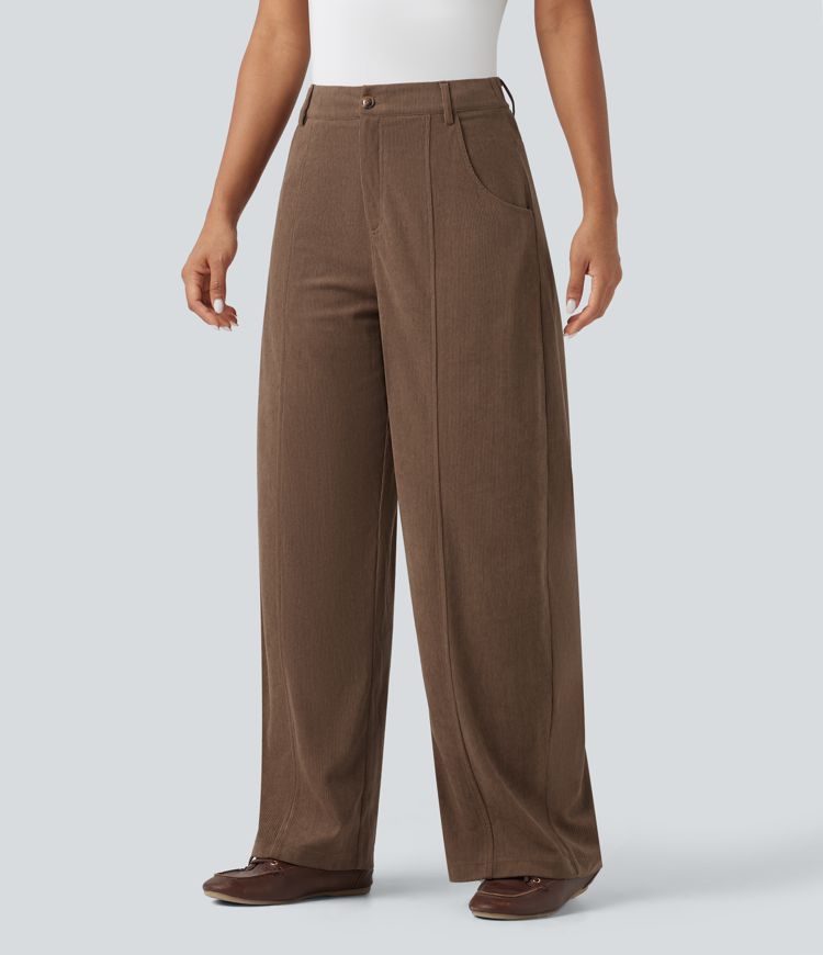 High Waisted Wide Leg Casual Corduroy Pants with Pockets