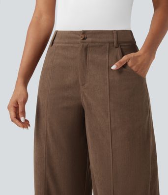High Waisted Wide Leg Casual Corduroy Pants with Pockets