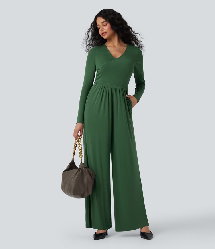 Ribbed V Neck Wrapped Tie Back Long Sleeve Wide Leg Casual Jumpsuit with Pockets-Easy Peezy Edition