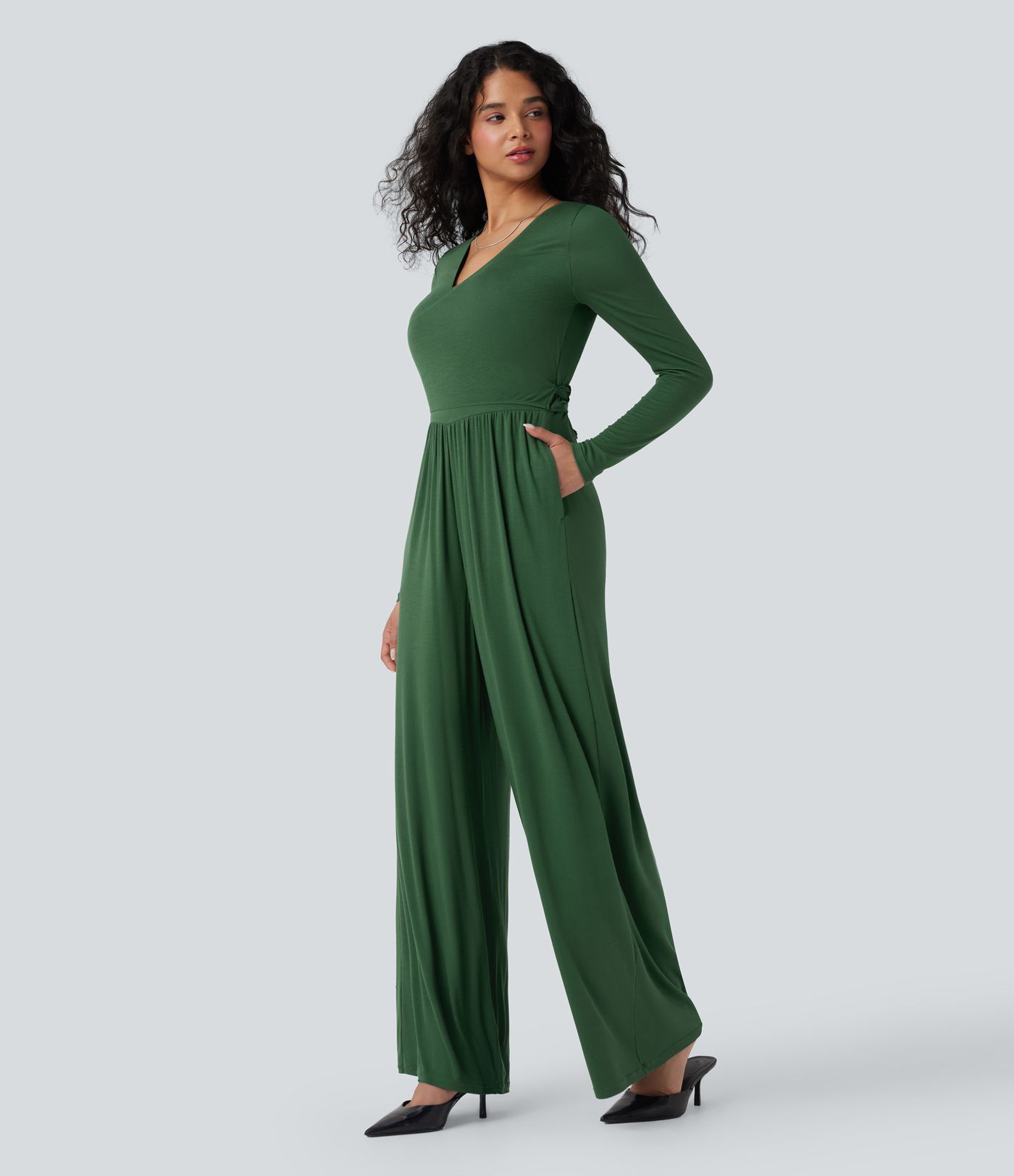 Ribbed V Neck Wrapped Tie Back Long Sleeve Wide Leg Casual Jumpsuit with Pockets-Easy Peezy Edition