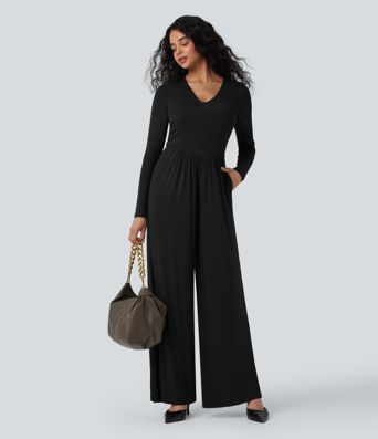 Ribbed V Neck Wrapped Tie Back Long Sleeve Wide Leg Casual Jumpsuit with Pockets-Easy Peezy Edition