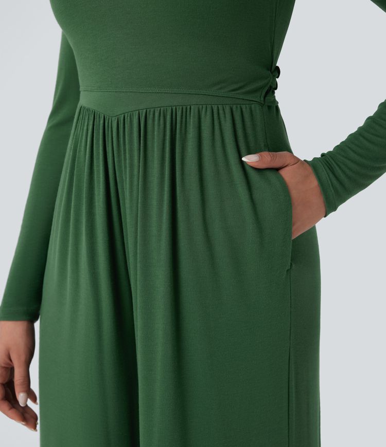Ribbed V Neck Wrapped Tie Back Long Sleeve Wide Leg Casual Jumpsuit with Pockets-Easy Peezy Edition
