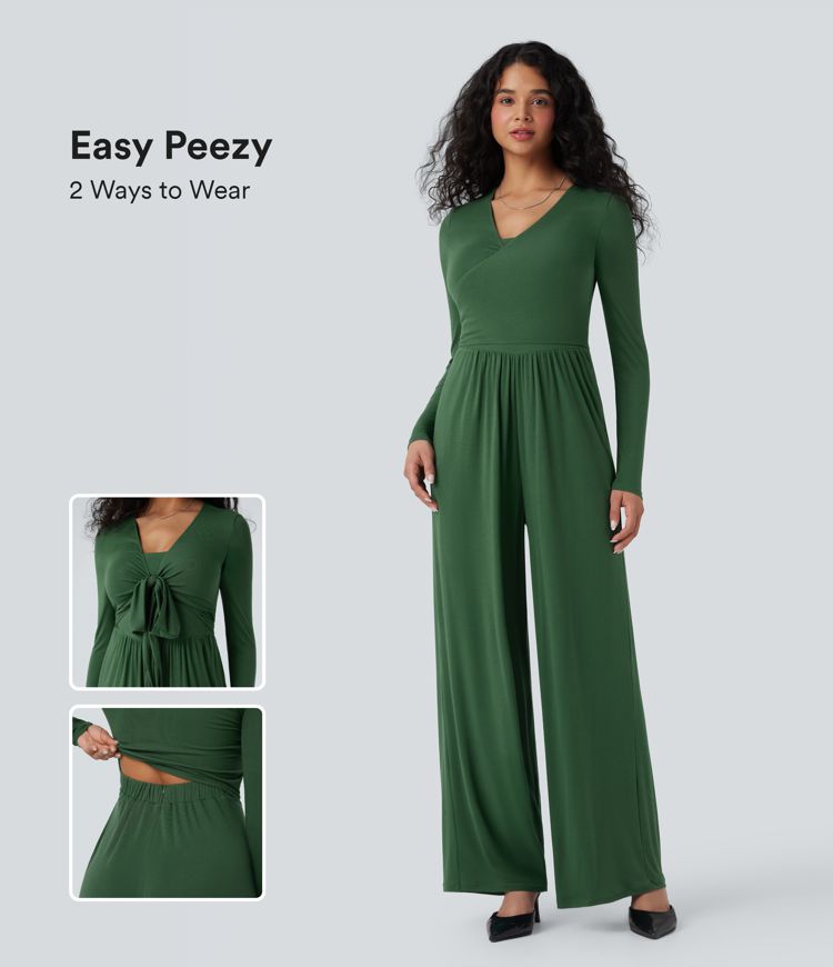 Ribbed V Neck Wrapped Tie Back Long Sleeve Wide Leg Casual Jumpsuit with Pockets-Easy Peezy Edition