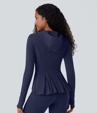 SoftlyZero™ Hooded Long Sleeve Thumb Hole Pleated Jacket with Pockets-UPF50+