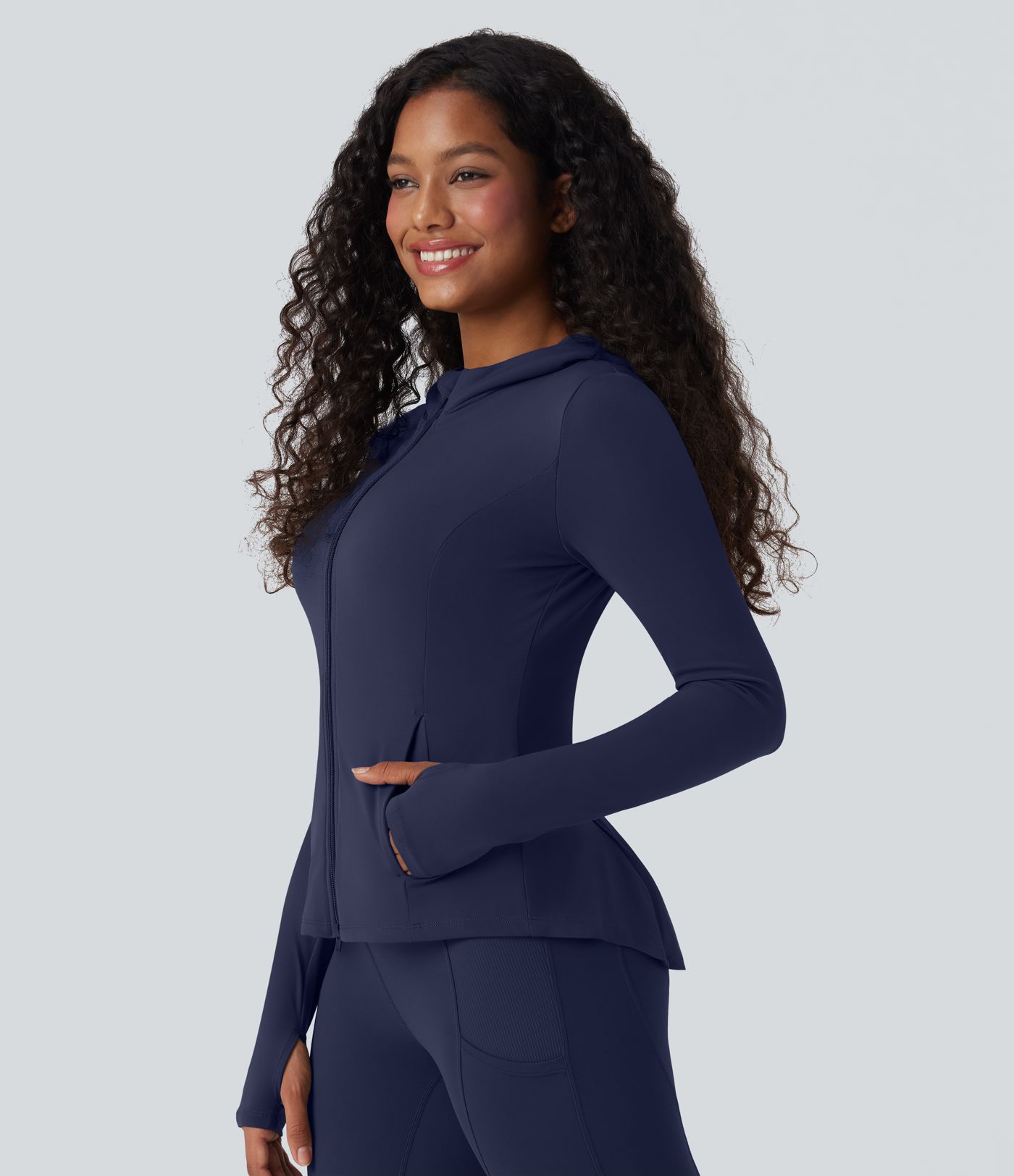 SoftlyZero™ Hooded Long Sleeve Thumb Hole Pleated Jacket with Pockets-UPF50+