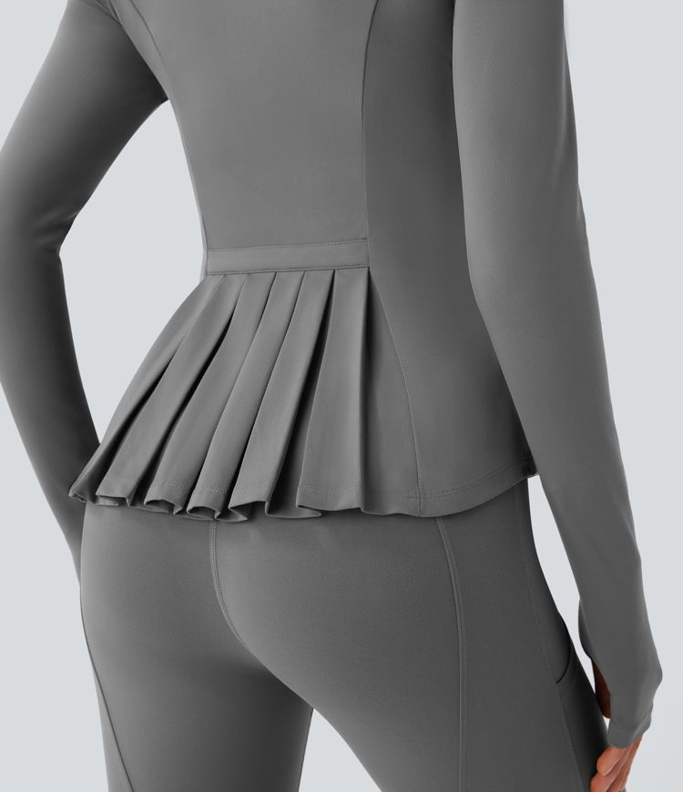 SoftlyZero™ Stand Collar Thumb Hole Pockets Pleated Zipper Slim Jacket-UPF50+