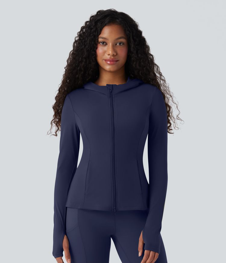 SoftlyZero™ Hooded Long Sleeve Thumb Hole Pleated Jacket with Pockets-UPF50+