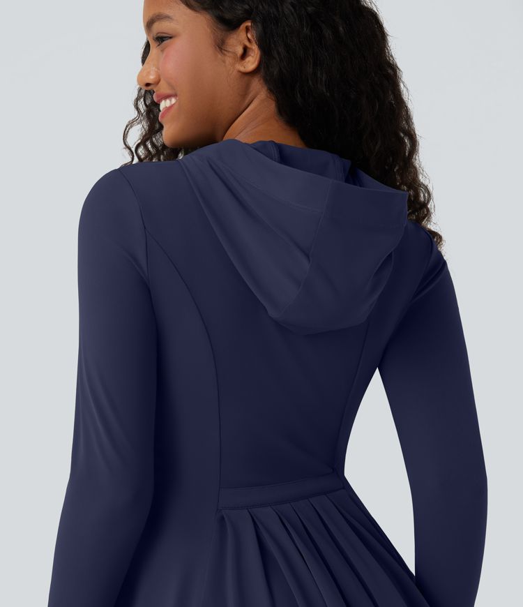 SoftlyZero™ Hooded Long Sleeve Thumb Hole Pleated Jacket with Pockets-UPF50+