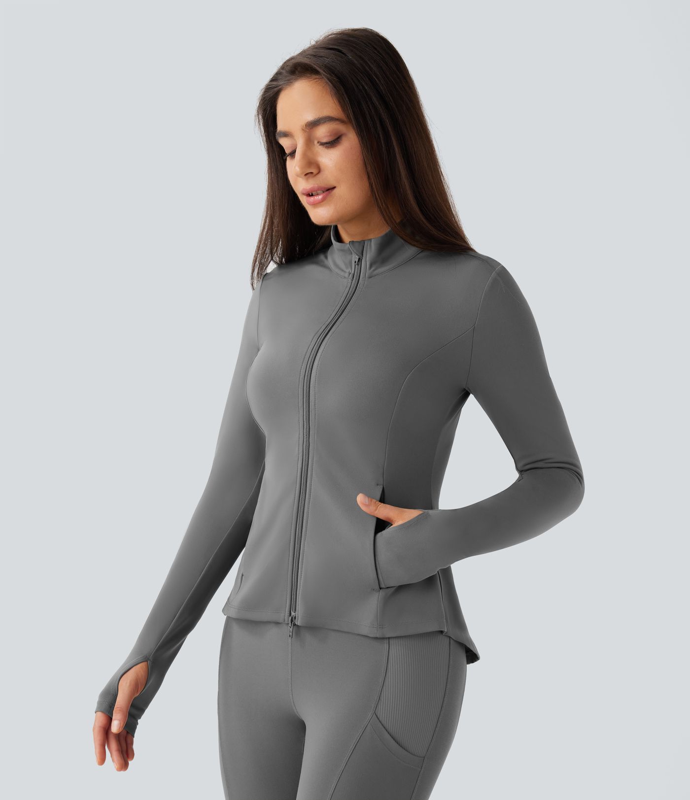 SoftlyZero™ Stand Collar Thumb Hole Pockets Pleated Zipper Slim Jacket-UPF50+