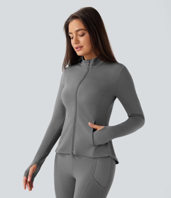 SoftlyZero™ Stand Collar Thumb Hole Pockets Pleated Zipper Slim Jacket-UPF50+