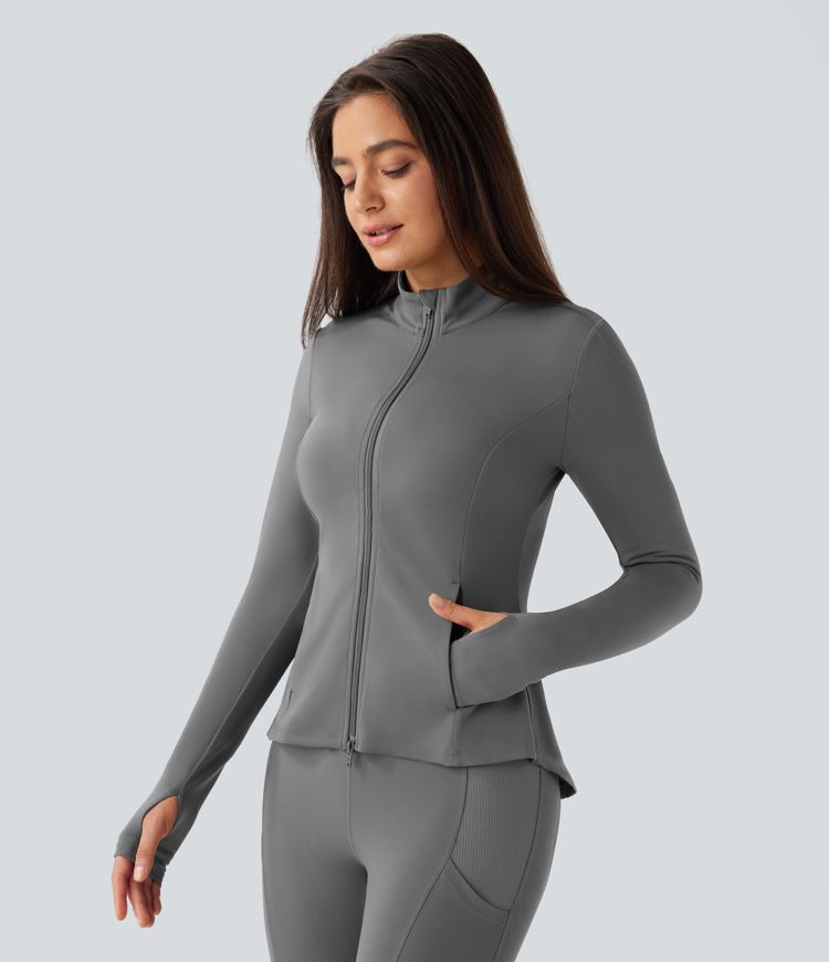 SoftlyZero™ Stand Collar Thumb Hole Pockets Pleated Zipper Slim Jacket-UPF50+