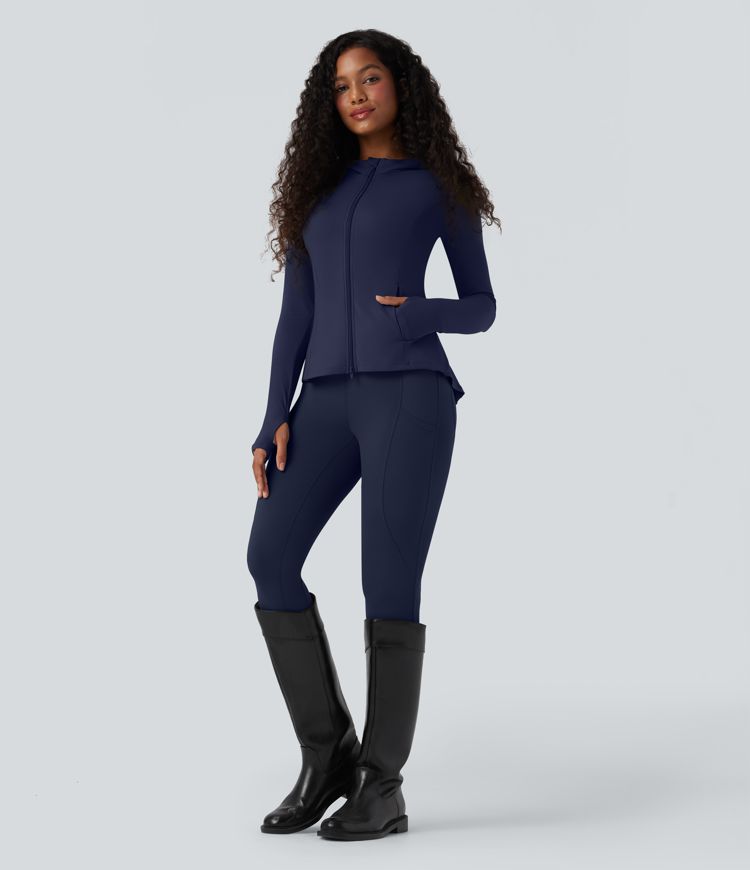 SoftlyZero™ Hooded Long Sleeve Thumb Hole Pleated Jacket with Pockets-UPF50+