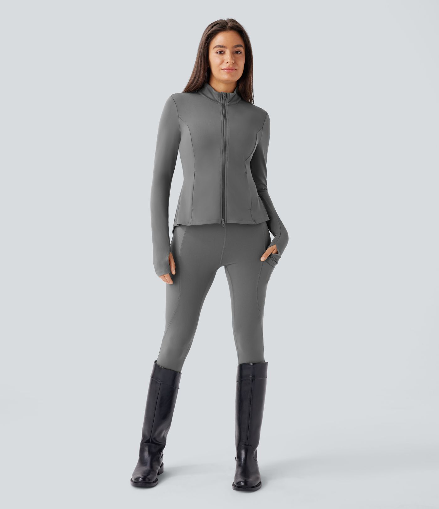 SoftlyZero™ Stand Collar Thumb Hole Pockets Pleated Zipper Slim Jacket-UPF50+