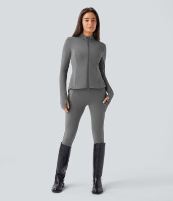 SoftlyZero™ Stand Collar Thumb Hole Pockets Pleated Zipper Slim Jacket-UPF50+