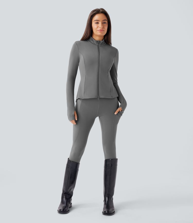 SoftlyZero™ Stand Collar Thumb Hole Pockets Pleated Zipper Slim Jacket-UPF50+