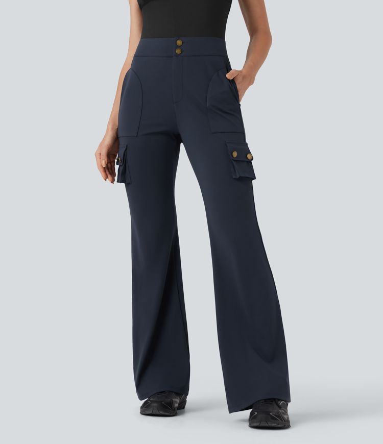 High Waisted Cargo Flare Hiking Pants with Pockets