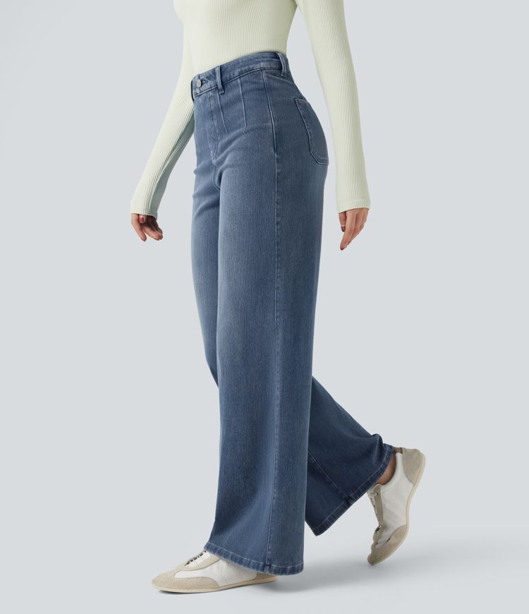 Jeans casuales anchos Halara Flex™ con control de abdomen y tiro medio con bolsillos