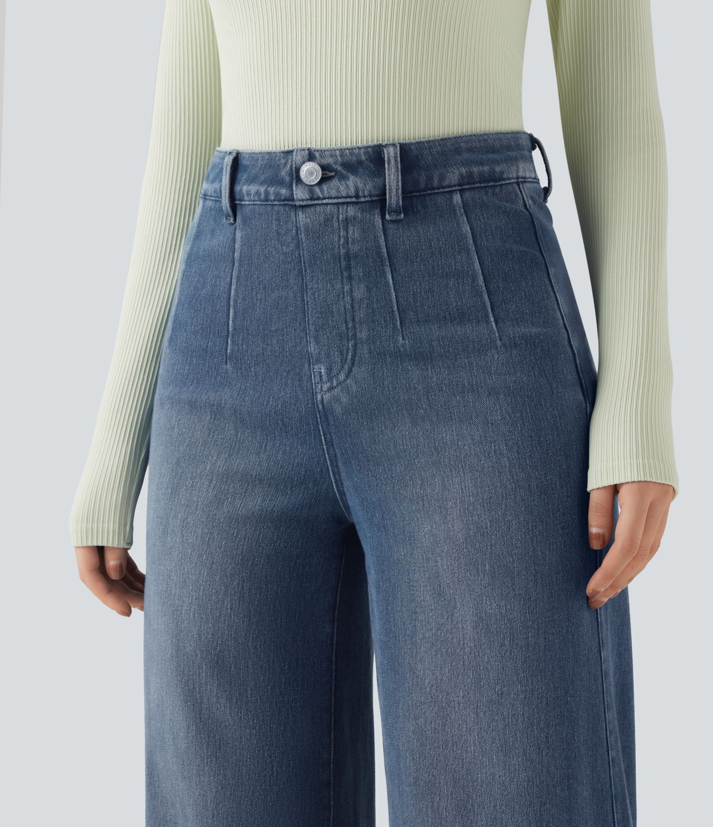 Halara Flex™ jean décontracté taille mi-haute, effet gainant pour le ventre, jambe large, avec poches