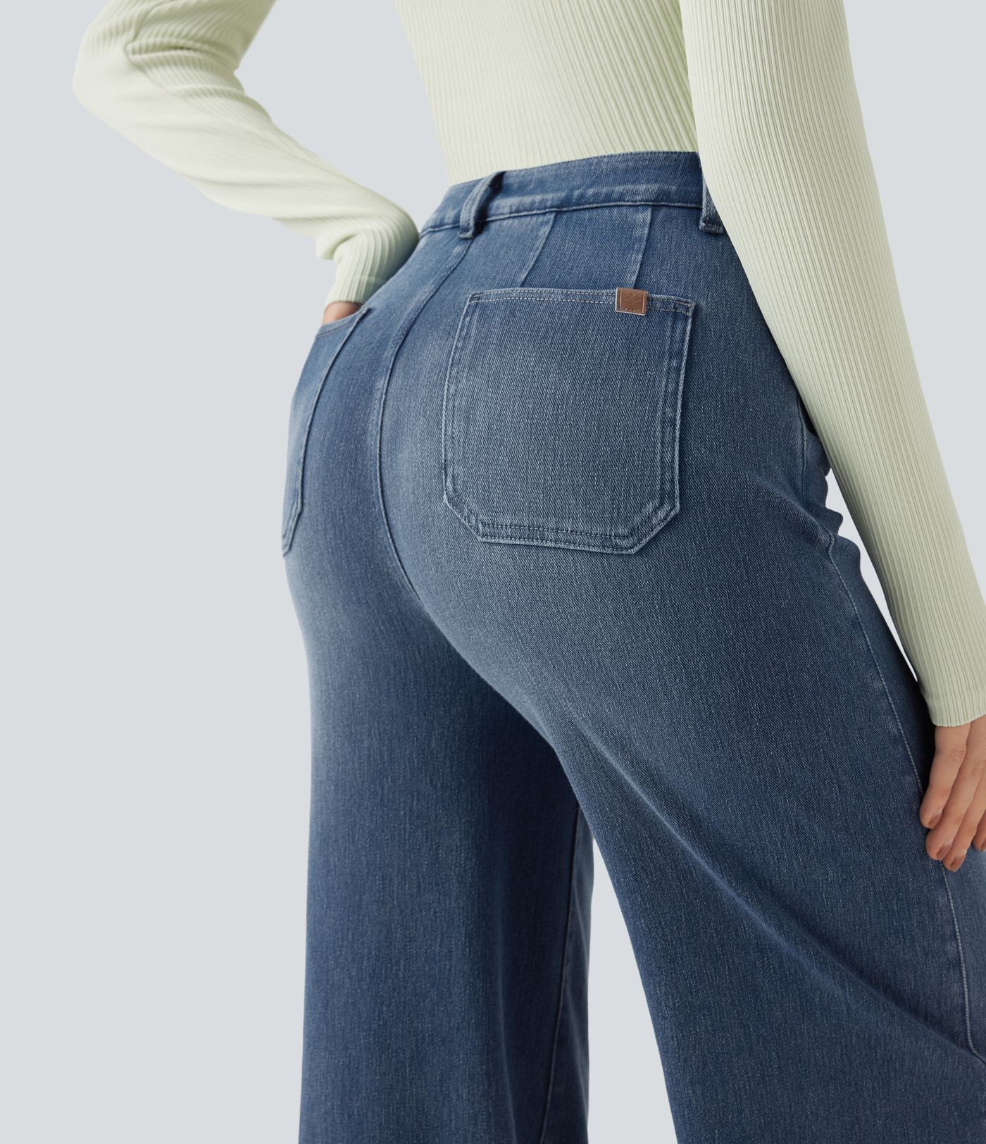 Halara Flex™ jean décontracté taille mi-haute, effet gainant pour le ventre, jambe large, avec poches