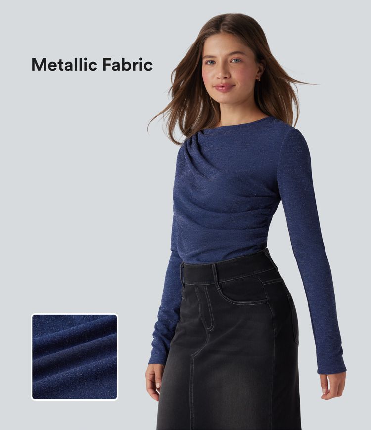 Long Sleeve Asymmetric Ruched Metallic Casual Top