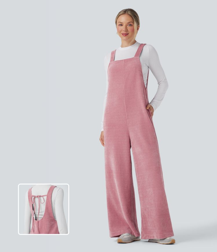 Tie Back Chenille Waffle Casual Dungarees with Pockets