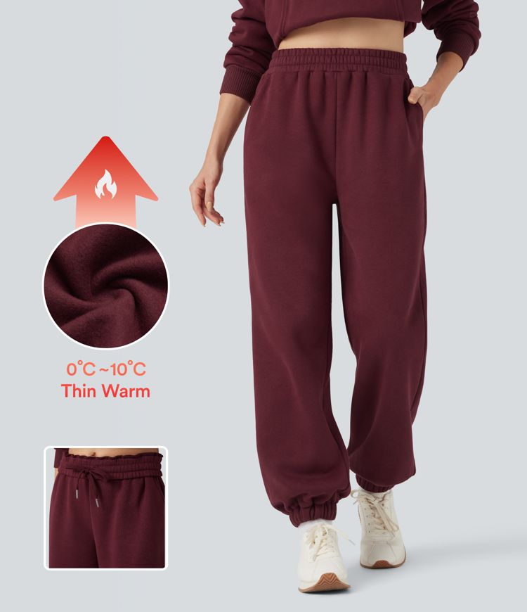 Foldover High Waisted Drawstring Fleece Casual Joggers with Pockets