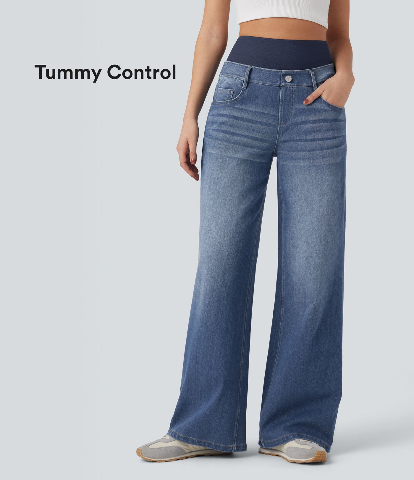 Halara Flex™ High Waisted Tummy Control Wide Leg Washed Casual Jeans with Pockets