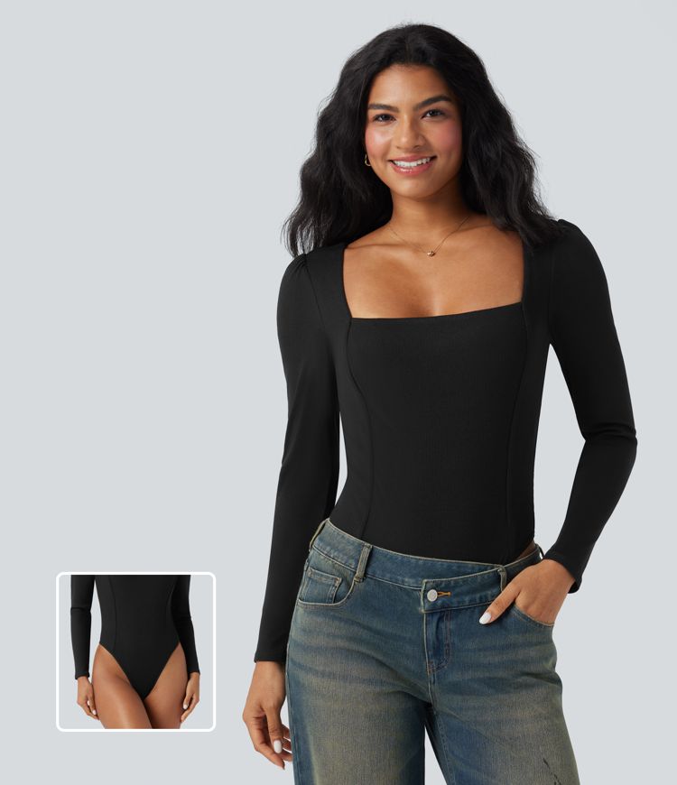 Ribbed Knit Square Neck Long Sleeve Skinny Casual Bodysuit