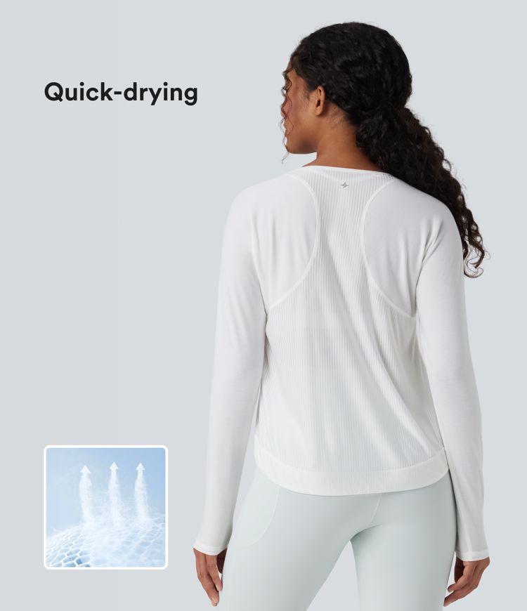 Round Neckline Long Sleeve Breathable Mesh Quick Dry Running Sports Tops