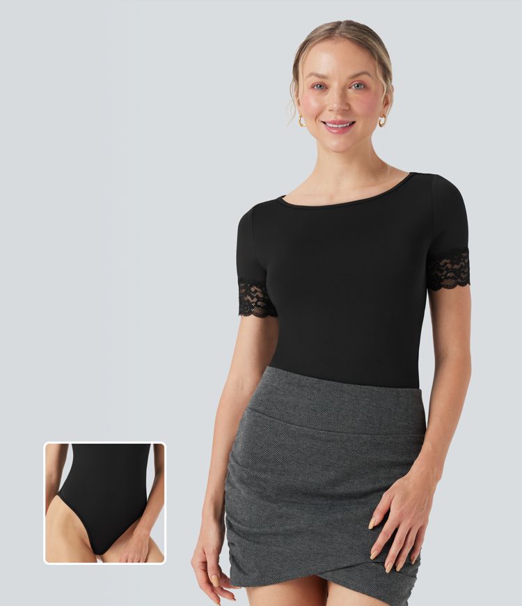 Boat Neck Short Sleeve Contrast Lace Work Bodysuit