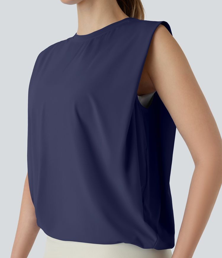 Round neck yoga tank top with ruching, cooling fabric - UPF50+ protection