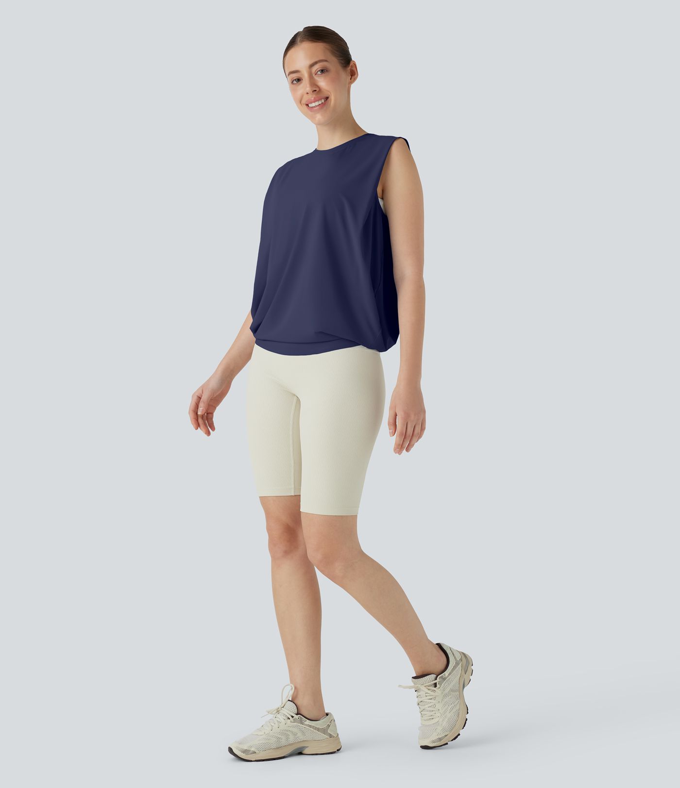 Round neck yoga tank top with ruching, cooling fabric - UPF50+ protection