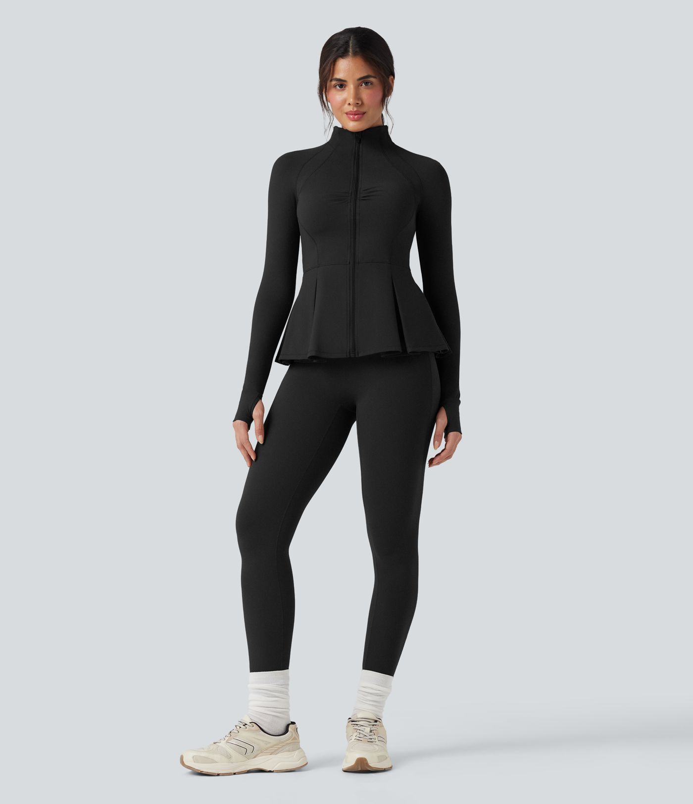 SoftlyZero™ chaqueta delgada para yoga en tejido de felpa suave, con cuello tipo simulacro, orificios para los pulgares, fruncidos y bajo plisado