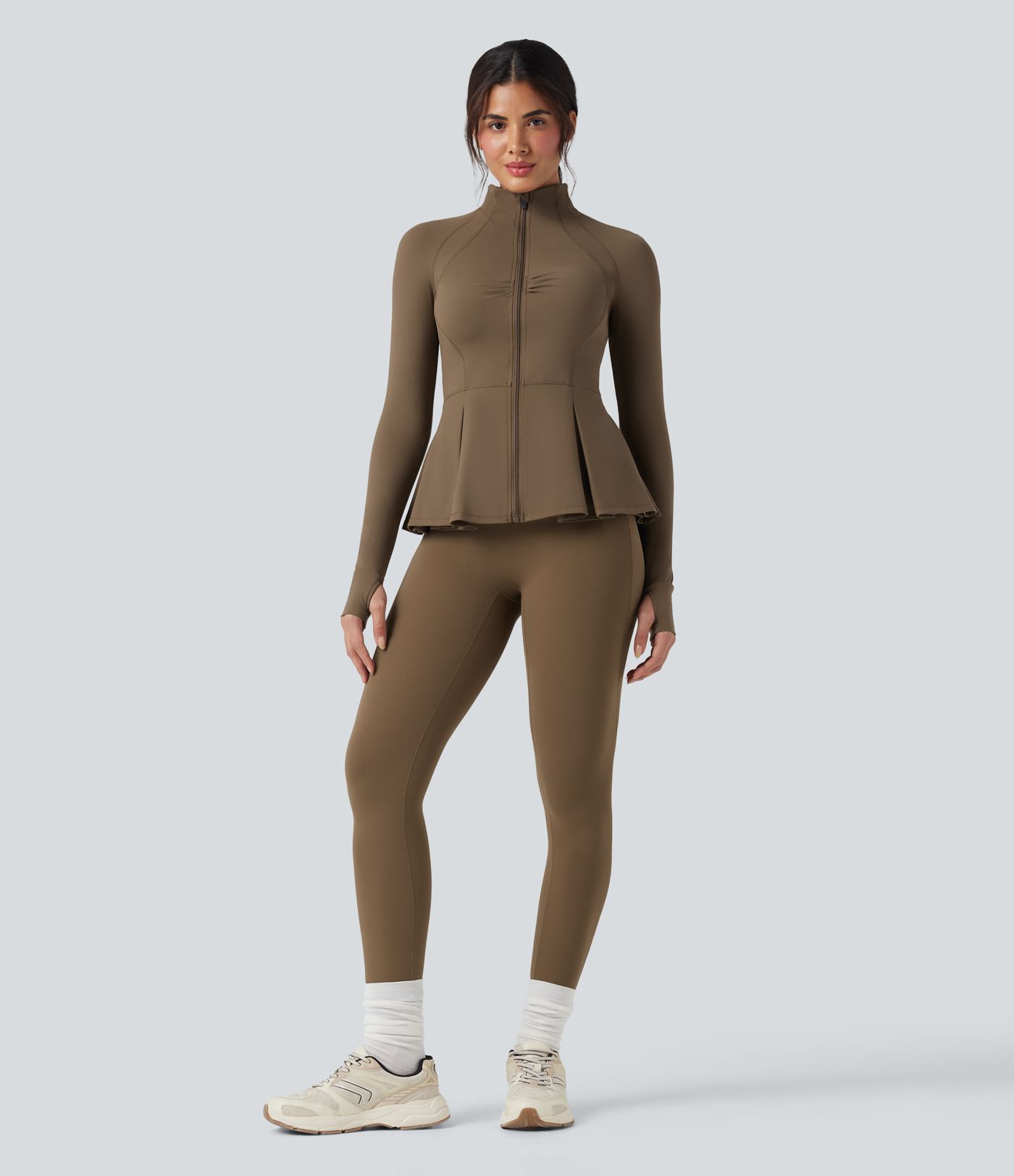 SoftlyZero™ Plush Mock-neck Thumb Holes Ruched Pleated Hem Slim Yoga Jacket