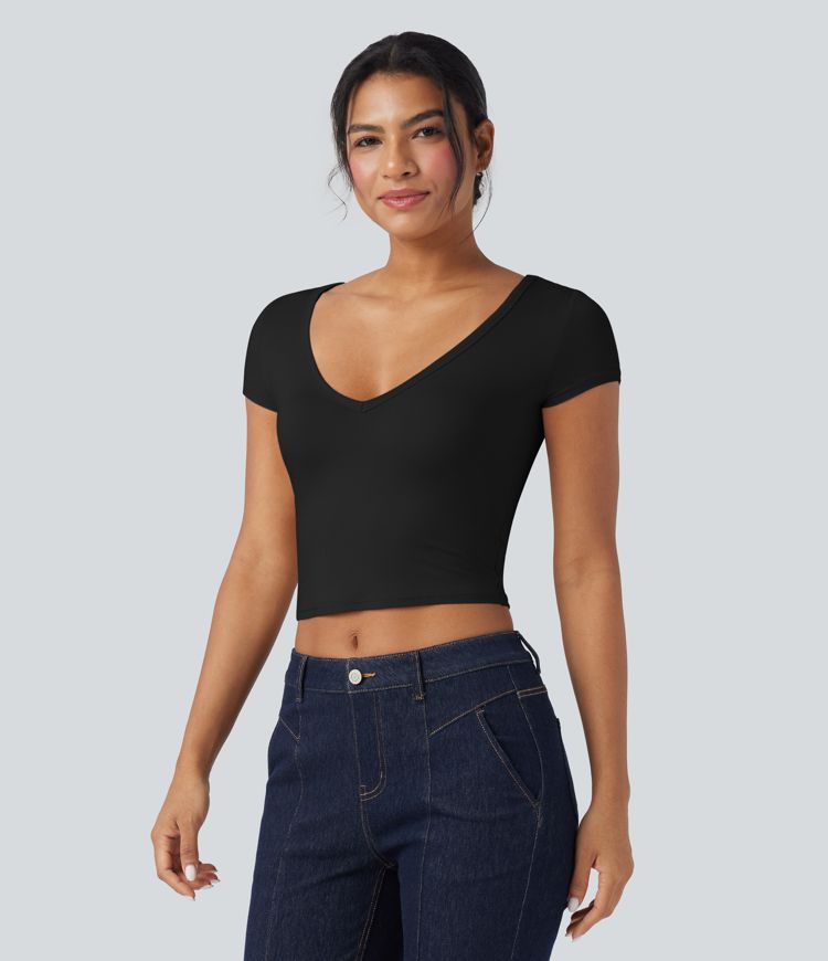 Deep V-neck Short Sleeve Slim Casual T-Shirt