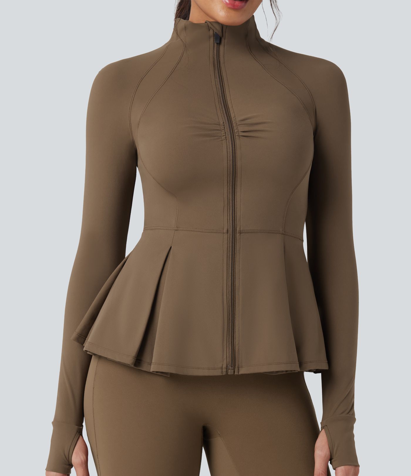 SoftlyZero™ Plush Mock-neck Thumb Holes Ruched Pleated Hem Slim Yoga Jacket