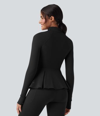 SoftlyZero™ chaqueta delgada para yoga en tejido de felpa suave, con cuello tipo simulacro, orificios para los pulgares, fruncidos y bajo plisado