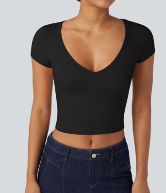 Deep V-neck Short Sleeve Slim Casual T-Shirt