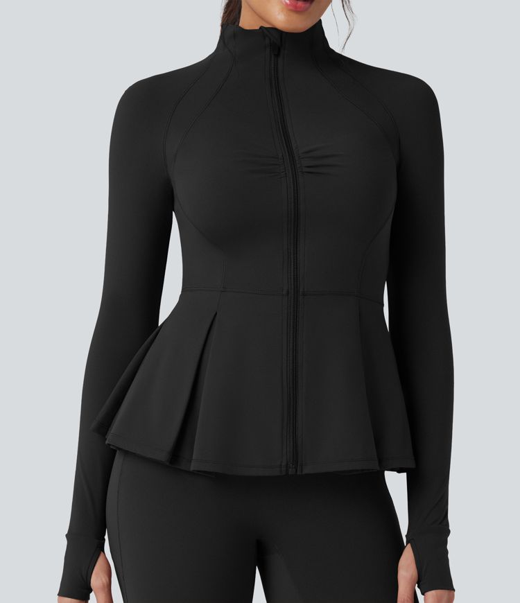 SoftlyZero™ chaqueta delgada para yoga en tejido de felpa suave, con cuello tipo simulacro, orificios para los pulgares, fruncidos y bajo plisado