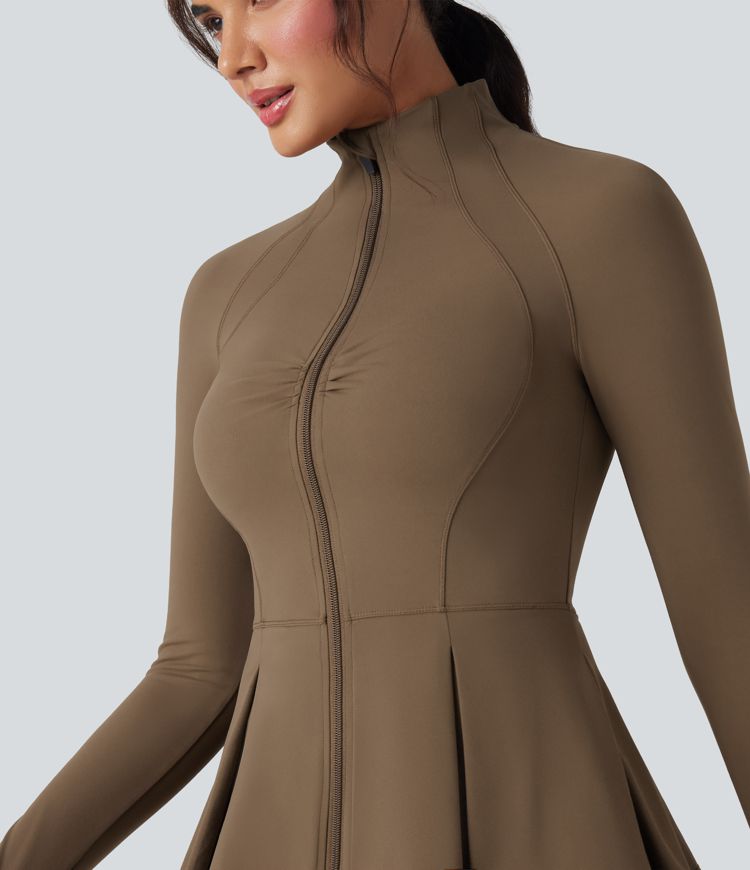 SoftlyZero™ Plush Mock-neck Thumb Holes Ruched Pleated Hem Slim Yoga Jacket