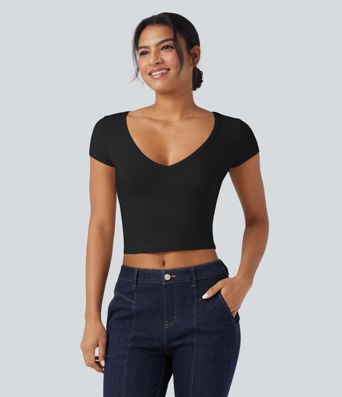 Deep V-neck Short Sleeve Slim Casual T-Shirt