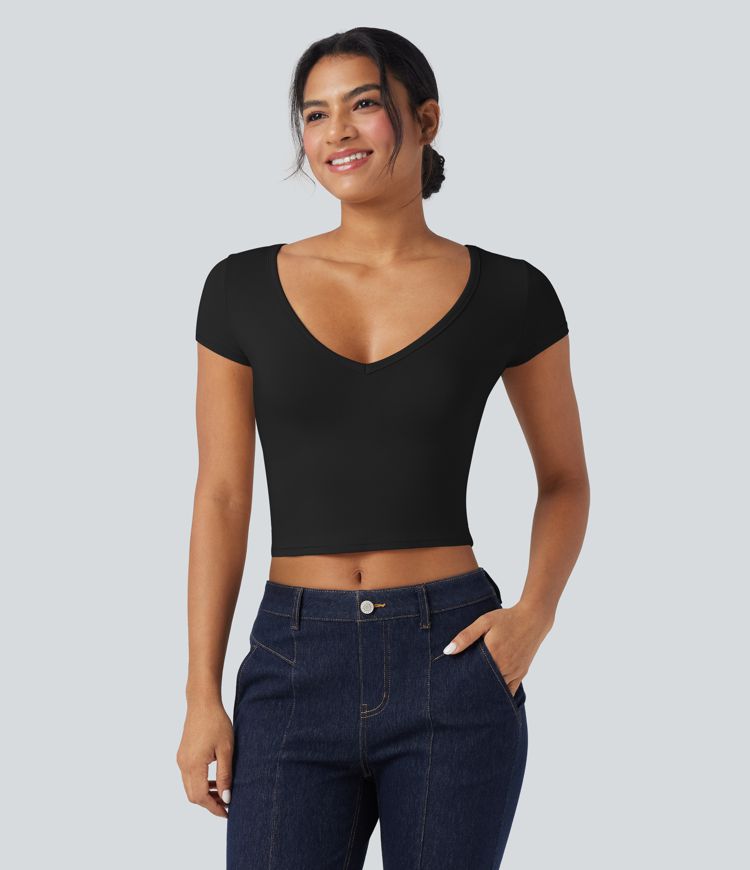 Deep V-neck Short Sleeve Slim Casual T-Shirt