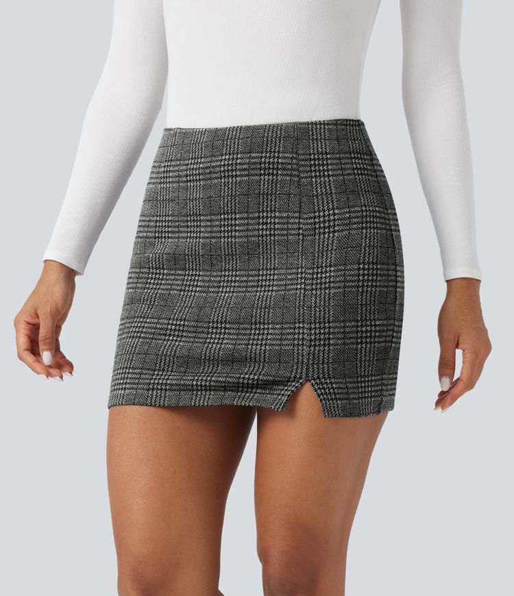 High Waisted 2-in-1 Bodycon Houndstooth Plaid Mini Work Skirt