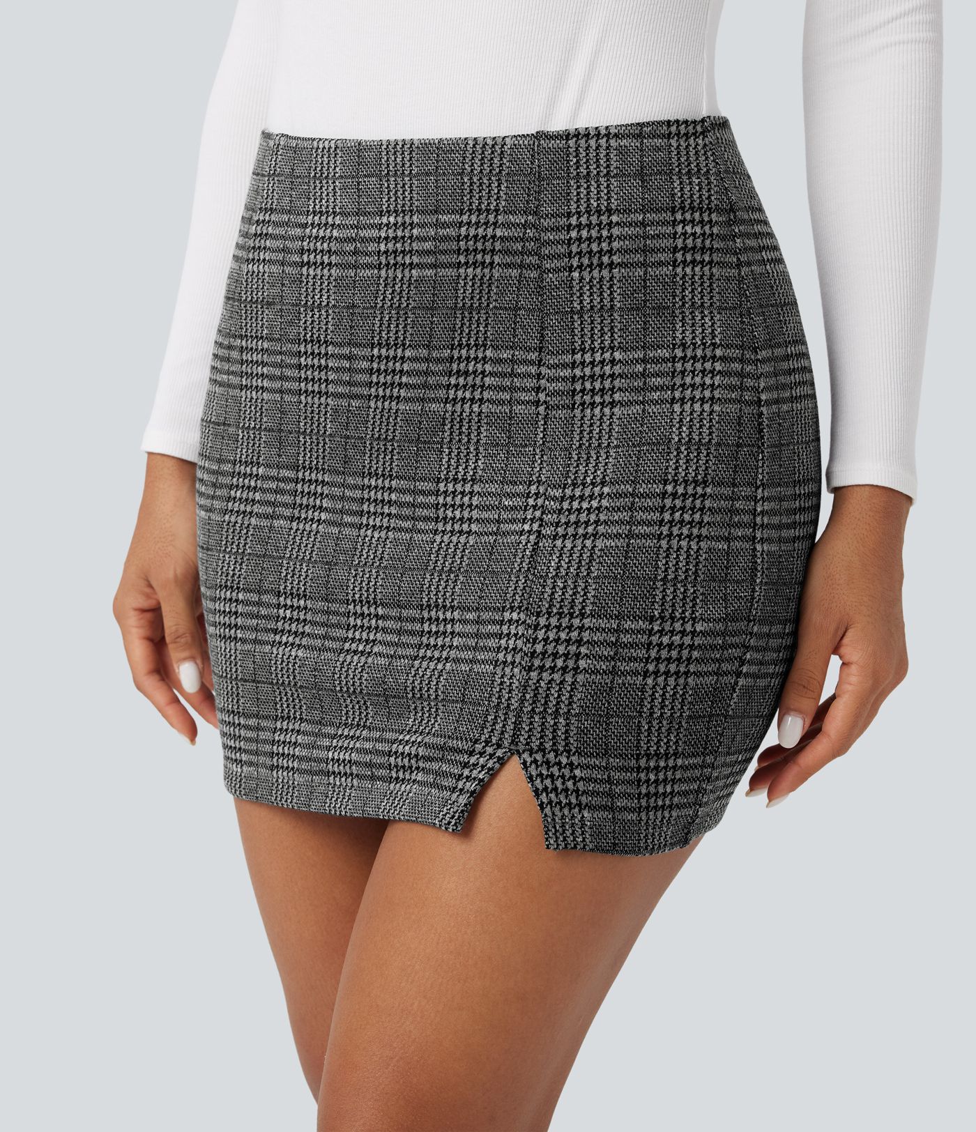 High Waisted 2-in-1 Bodycon Houndstooth Plaid Mini Work Skirt