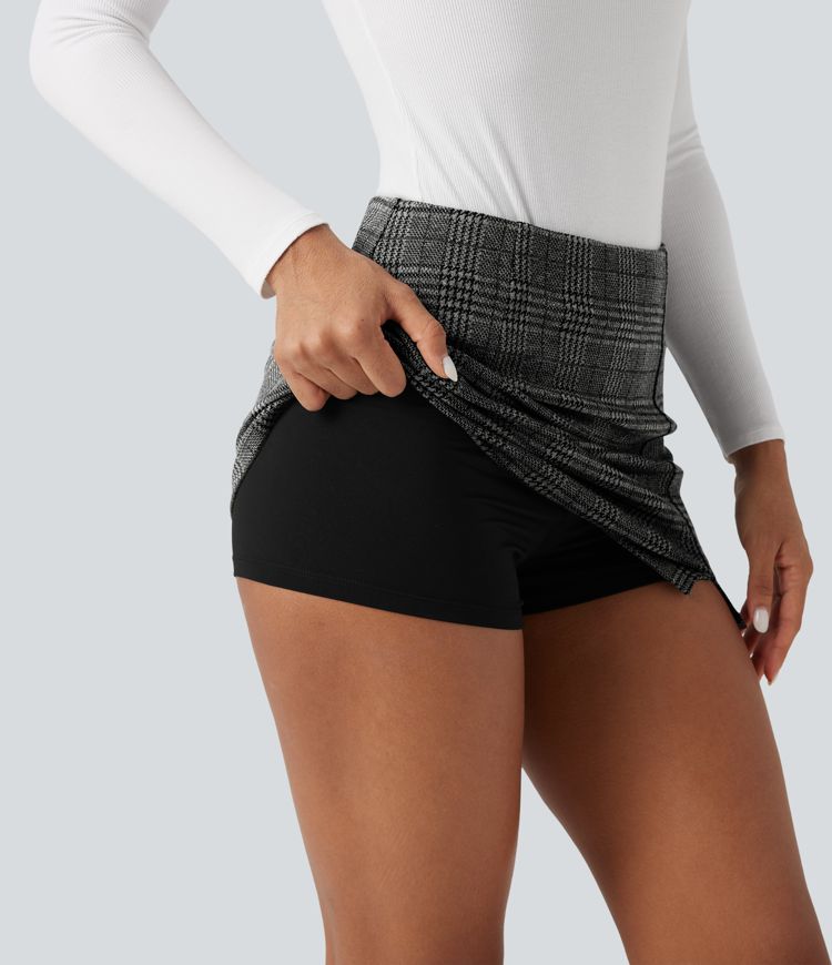 High Waisted 2-in-1 Bodycon Houndstooth Plaid Mini Work Skirt