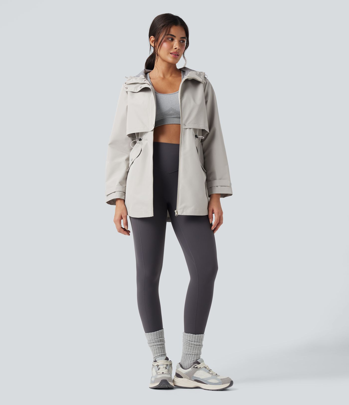 Waterproof Hooded Contrast Mesh Drawstring Hiking Windbreaker Jacket with Pockets