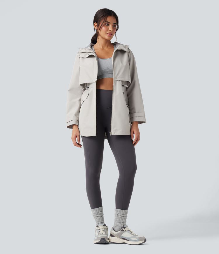 Waterproof Hooded Contrast Mesh Drawstring Hiking Windbreaker Jacket with Pockets