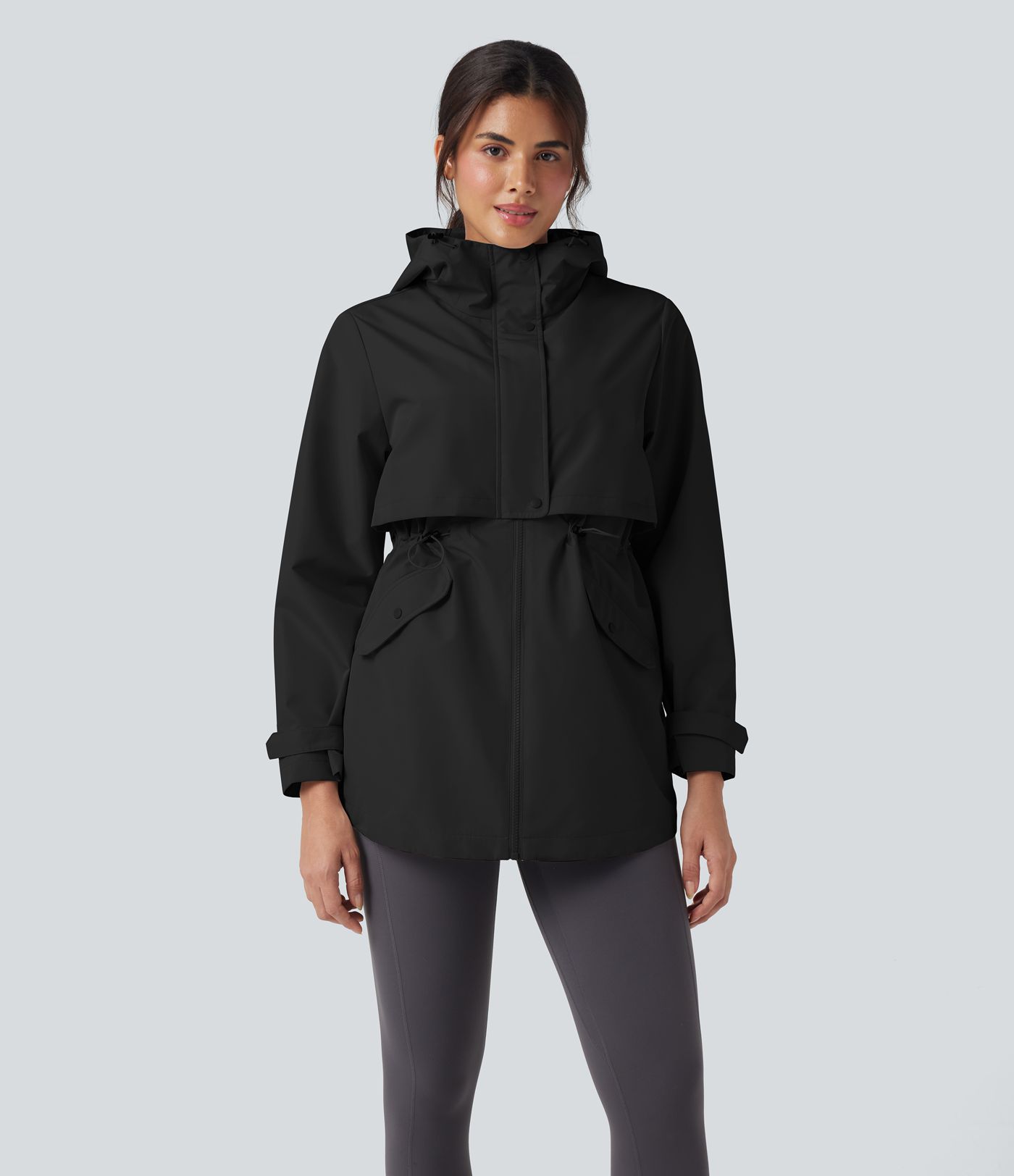 Waterproof Hooded Contrast Mesh Drawstring Hiking Windbreaker Jacket with Pockets